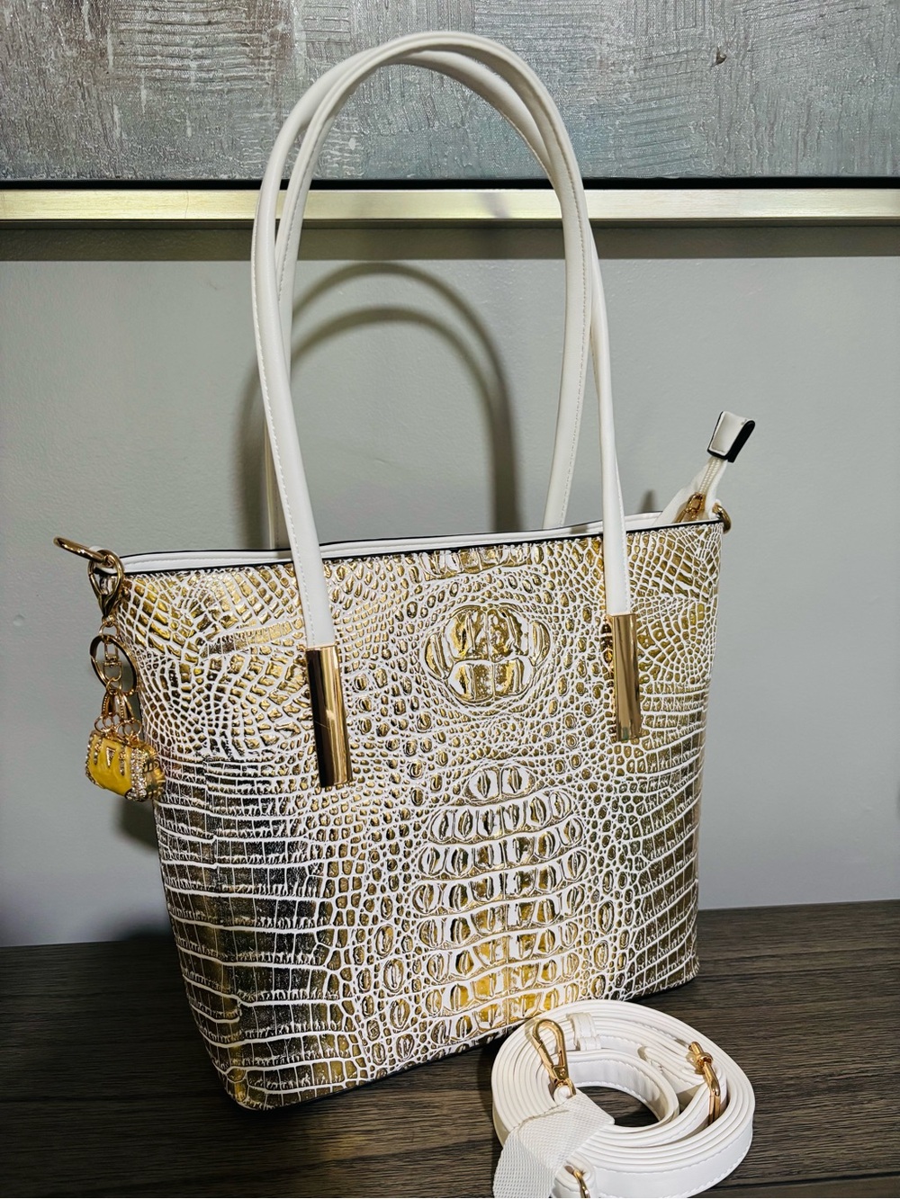 White & Gold Croc-Embossed Tote Bag with Detachable Strap